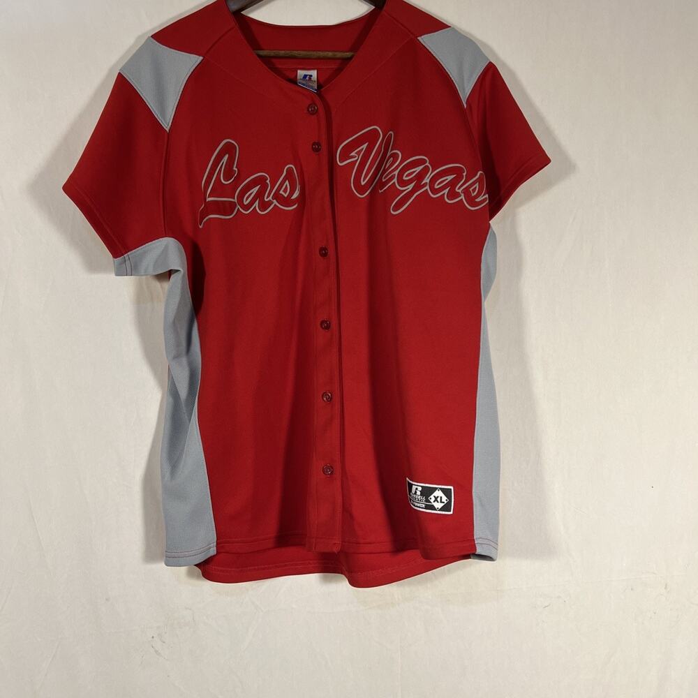 Russell Athletic Las Vegas Baseball Jersey Women’s XL Red Gray Dri-Power New